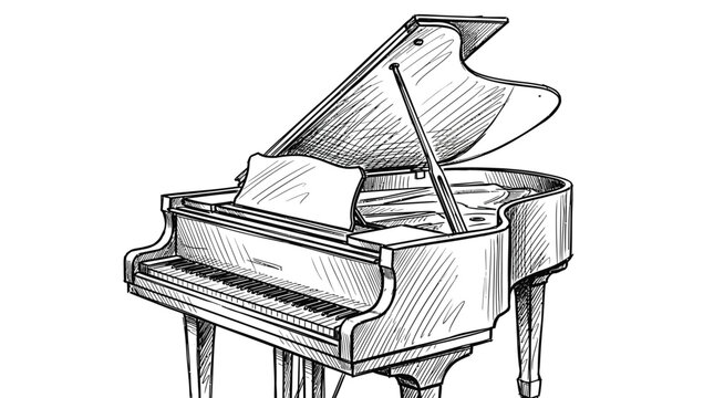 Elegant grand piano vector illustration featuring detailed black ink sketch lines on a white background