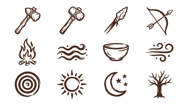 Detailed set of primitive ancient vector graphic icons featuring stone tools and natural elemental symbols
