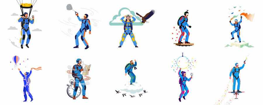 Collection of Flat Vector Illustrations of People Skydiving and Performing Extreme Air Stunts with Parachutes, Boards, and Flares on White Background