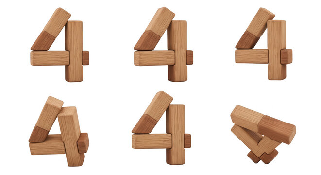 wooden 4 puzzle blocks assembled in multiple positions against white background education or concept use