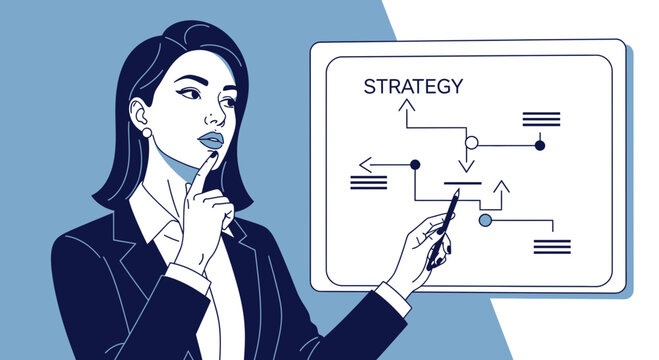 Businesswoman planning strategy on whiteboard with pen, focused, thinking