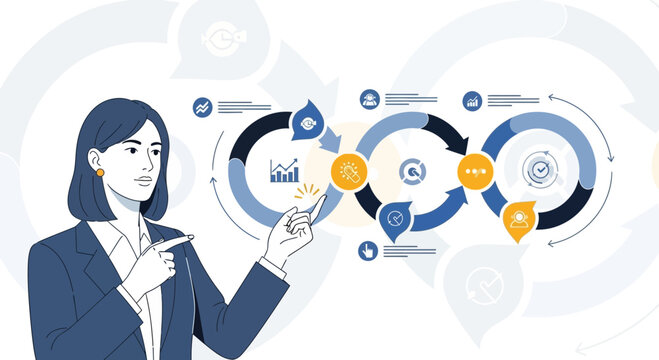 Businesswoman pointing at continuous improvement process diagram, workflow concept