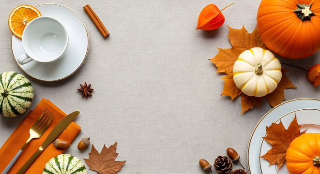 Autumn table setting with pumpkins, maple leaves, and tea cup on a rustic linen background