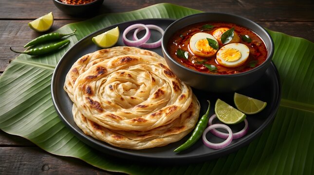 Authentic Flaky Paratha and Spicy Curry on Fresh Banana Leaf