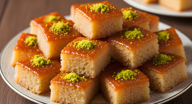 Delicious revani cake squares topped with crushed pistachios on a white plate