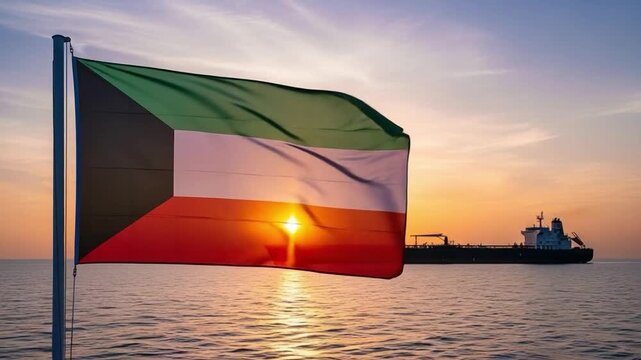 Kuwait flag waving over ocean with oil tanker at sunset representing energy export industry and maritime trade logistics for global petroleum economy and fuel supply chain