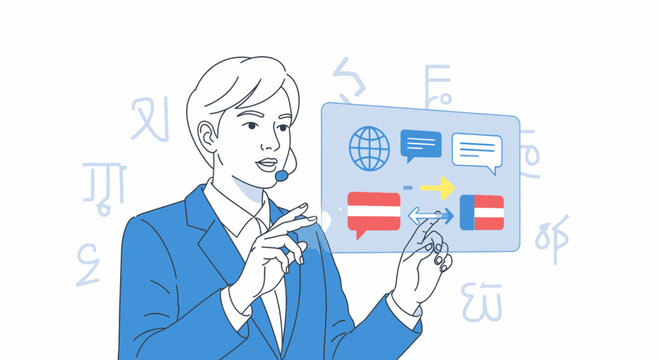 Translator services concept with man using language translation screen
