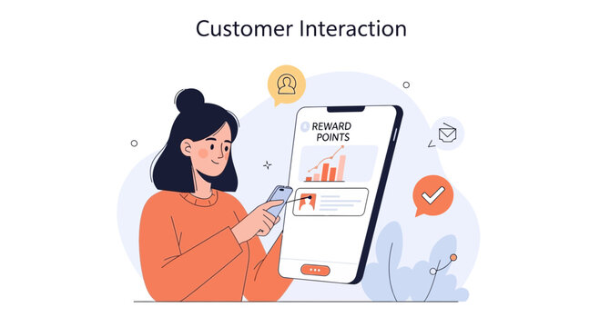 Woman checks reward points on smartphone, customer interaction concept