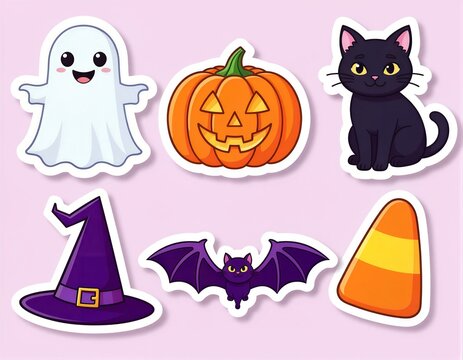 Halloween Stickers with Ghost, Pumpkin, Cat, Witch Hat, Bat, Candy Corn