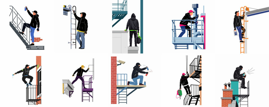 Collection of flat illustrations showing graffiti artists spray painting and climbing in various urban settings like rooftops, fire escapes, and balconies.