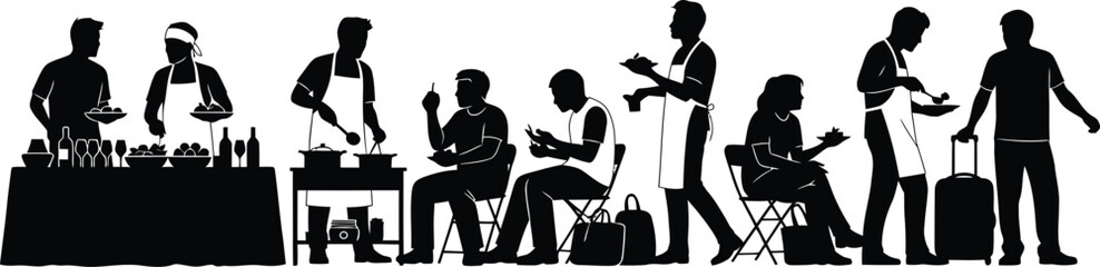Fototapeta premium Catering Service Buffet Table and People Eating Food Silhouettes Set