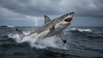 Naklejka premium Great White Shark Breach: A powerful great white shark erupts from the stormy ocean, jaws agape, in a dramatic display of raw power and predatory instinct.