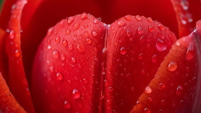 Close-up of a vibrant red tulip petal covered in glistening water droplets, macro detail