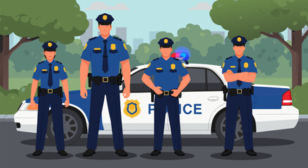 Police Officers Standing in Front of a Patrol Car A Vector Illustration © Purnomo