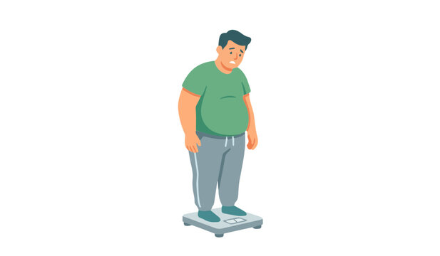 Sad overweight man standing on weighing scale worried about body weight vector illustration