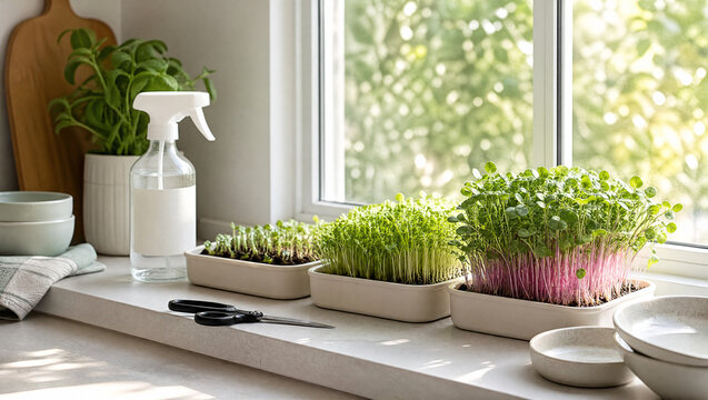 Microgreens seed tray on kitchen windowsill for healthy living
