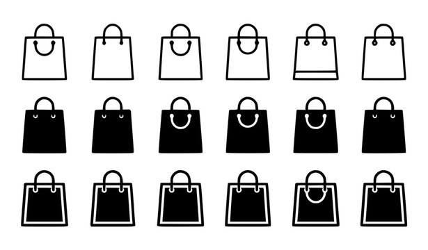 Minimalist black line art vector icon set of business and travel bags, clean modern designs including briefcase, suitcase, laptop bag, portfolio, rolling luggage, leather bag, various professional sty