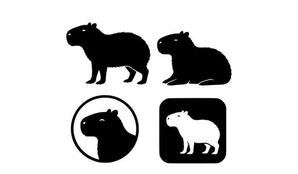 Minimalist black silhouette vector illustration set of cute capybaras, various charming poses including standing side view, sitting relaxed pose, head profile in circle, white capybara on black square
