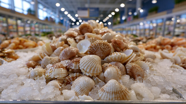 Fresh Seafood Shells Resting on Crushed Ice in Grocery Display