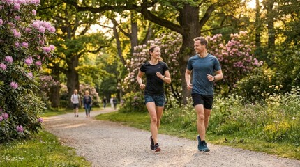 Obraz premium Active Couple Running Together in a Lush Green Park Pathway
