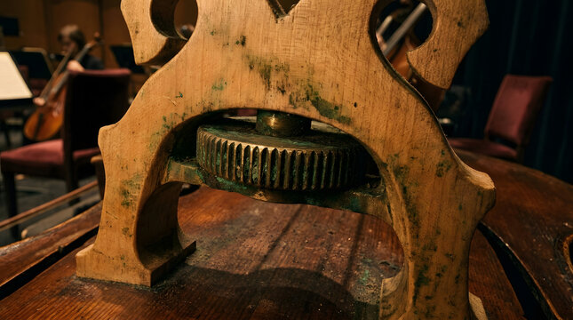Old music machine mechanism with orchestra background