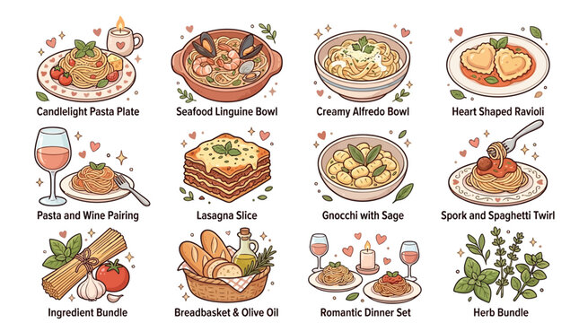 A charming collection of Italian dishes and ingredients, perfect for a romantic dinner or culinary inspiration.
