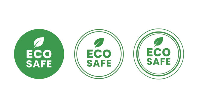 Eco safe green leaf labels, set of 3 circular organic product badges, sustainable environment icons for packaging and branding, flat vector design