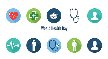 Fototapeta premium World Health Day medical icon set, flat healthcare symbols with long shadows, 10 professional doctor and wellness elements in EPS format