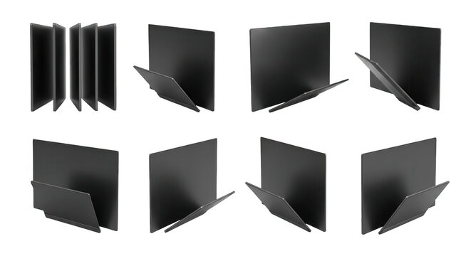 black file folders arranged in various angles against a white backdrop for presentation or design purposes