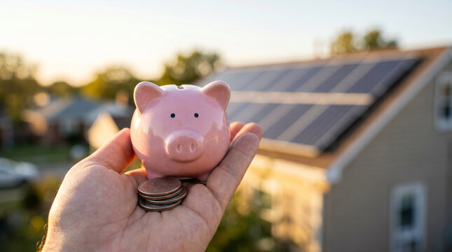 Ceramic money box and coins resting on a palm, with warm golden hour sunlight reflecting, showing sustainable household savings, residential neighborhood with roof solar arrays, green economy concept