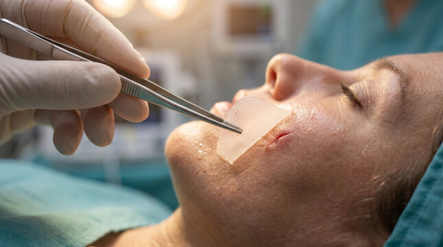 Clear hydrogel healing patch on female cheek, held with medical tweezers over skin wound, being applied by surgeon to patient, in hospital operating room, healthcare photography