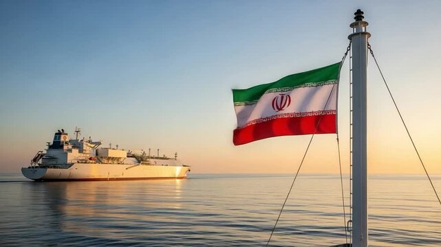 Iranian flag waving on a ship mast with a large liquefied natural gas tanker vessel sailing on the open ocean at sunset representing maritime energy trade and logistics
