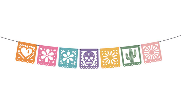 Mexican Garland Icon Vector Set with Festive Decorative Elements Isolated on White Background for Creative Designs Vector Designs