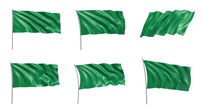 six green flags waving on poles isolated against a white background suggesting concepts like patriotism and announcement for various design applications