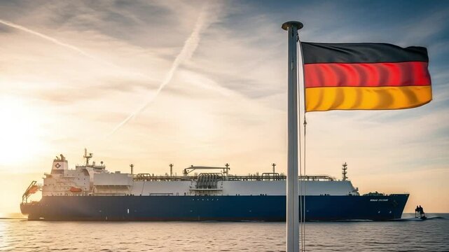 LNG tanker ship at sea with German flag representing energy security and natural gas import infrastructure for European industrial supply and power generation