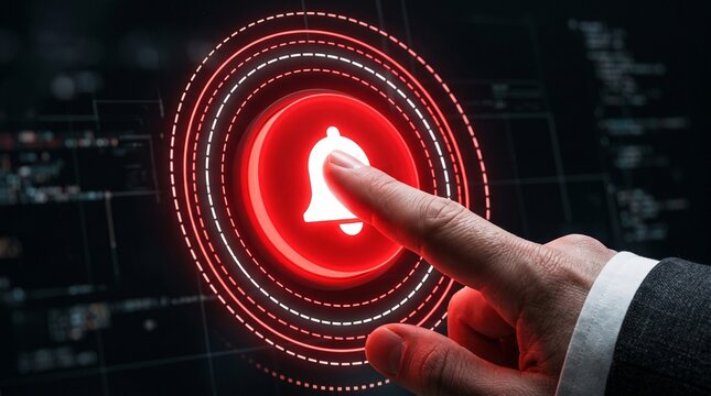 Finger pressing cybersecurity emergency alert button. Extreme close-up security alarm activation. Cyber incident response trigger concept.