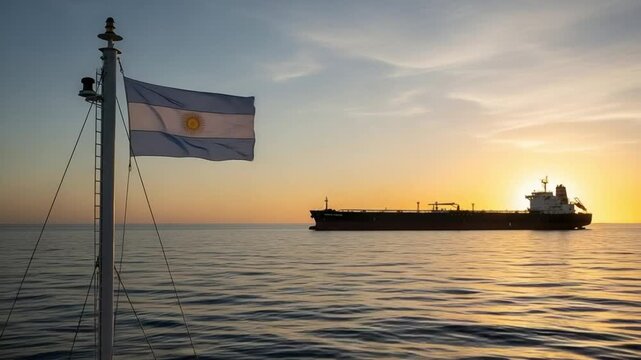 Argentine flag flying on a cargo ship at sunset, maritime logistics and international trade concept, oil tanker vessel sailing on the ocean, energy transportation industry
