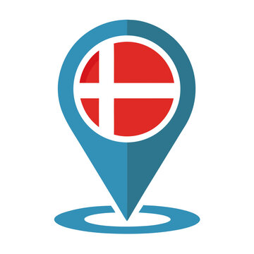 Denmark Flag Location Pin, Scandinavian Country Map Marker Icon, Nordic Travel Destination Symbol, Vector Graphic