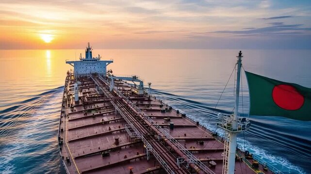 Large oil tanker ship sailing on open ocean at sunset with national flag flying, representing global maritime logistics, international trade, energy transport, and industrial shipping industry