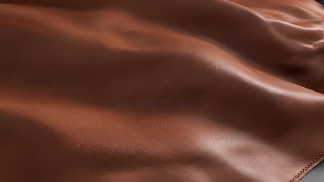 Closeup of flowing brown leather fabric texture with soft lighting.