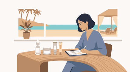 Fototapeta premium Woman working on a digital tablet at a tropical resort desk with ocean view.