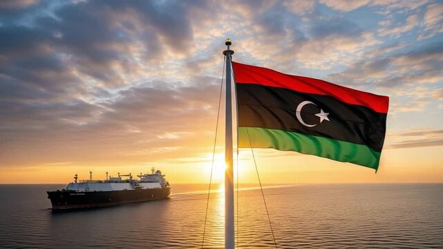 Libyan flag flying on a ship at sea with a large liquefied natural gas tanker vessel sailing during a golden sunset representing energy export and maritime trade