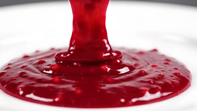 Closeup of vibrant red raspberry sauce being poured onto a white surface.