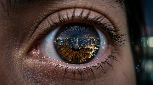 Human eye reflecting a glowing city skyline at night