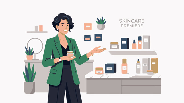 Confident Female Consultant Explaining Beauty Skincare Product Benefits.