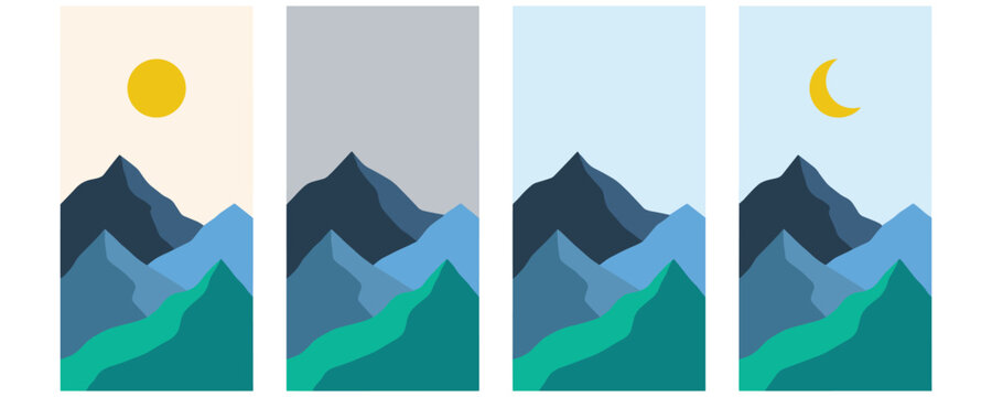 Mountain landscape set featuring changing times of day from dawn to night.