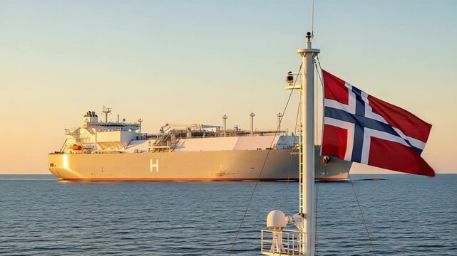 Large Liquefied Natural Gas Tanker Ship Sailing on Open Ocean with Norwegian Flag in Foreground Representing Global Energy Trade and Maritime Logistics Industry