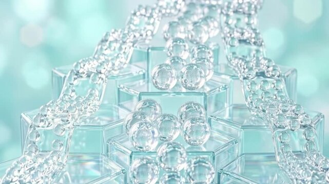 Abstract 3D geometric glass structure with clear spheres rolling in a modern setting