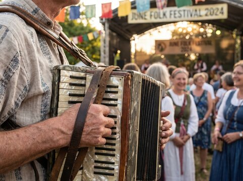 Grupo de m&uacute;sicos tocando sanfona em festa junina