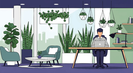 Fototapeta premium Modern Office Interior with Green Plants and Natural Light, Concept for Workspace Design, Corporate Wellness and Remote Work Solutions